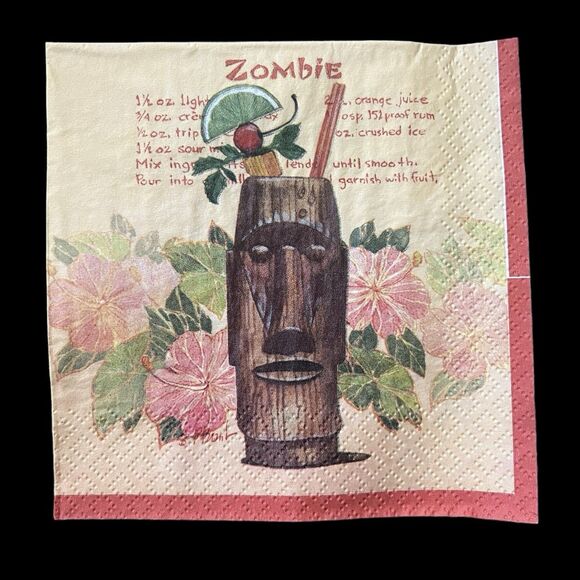 Tiki Paper Cocktail Napkins 16 ct NEW Zombie Singapore Sling Recipes Open End - Picture 1 of 6